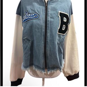Anthropologie x Mable cropped varsity denim jacket faux leather sleeves  Small